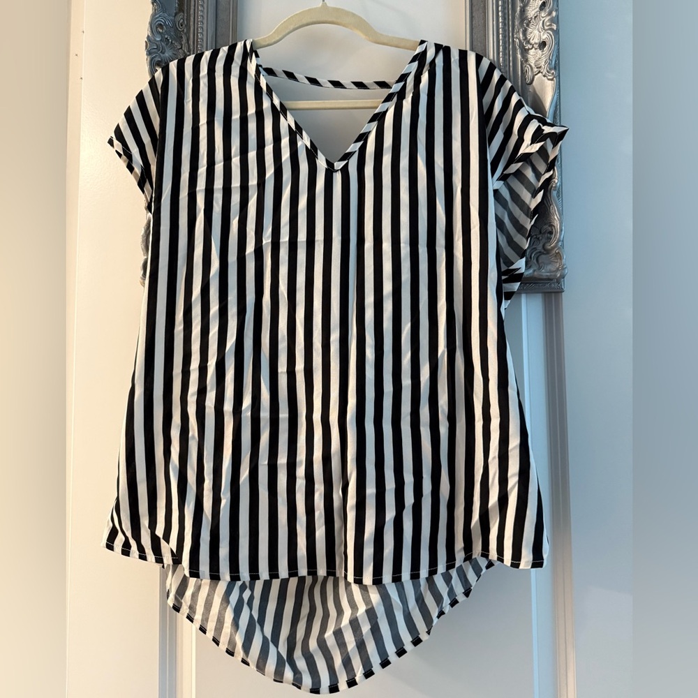 SHEIN XL Monochrome Black & White Vertical Striped V-Neck Blouse